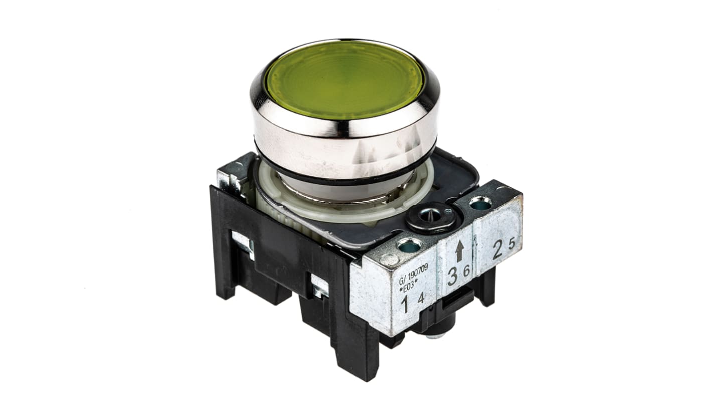 Pulsante luminoso Siemens 3SU1156-0AB30-1BA0, SPST, montaggio a pannello, diametro 22 mm, corpo plastico giallo, contatto 1-NO.