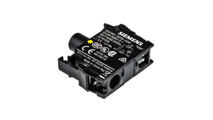 Pulsante luminoso Siemens 3SU1156-0AB30-1BA0, SPST, montaggio a pannello, diametro 22 mm, corpo plastico giallo, contatto 1-NO.