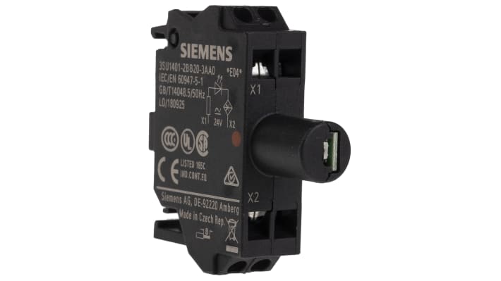 Siemens blocco contatti luminoso LED rosso, tensione 24 V, corrente 20 mA, montaggio a pavimento, grado di protezione IP20/IP40.