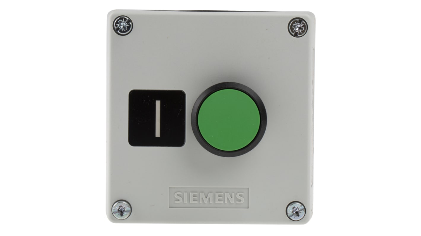 Pulsante di controllo Siemens 3SU1801-0AB00-2AB1, IP66/IP67/IP69, corrente 10A, diametro foro 22mm, colore verde, dimensioni 85x71x85mm.