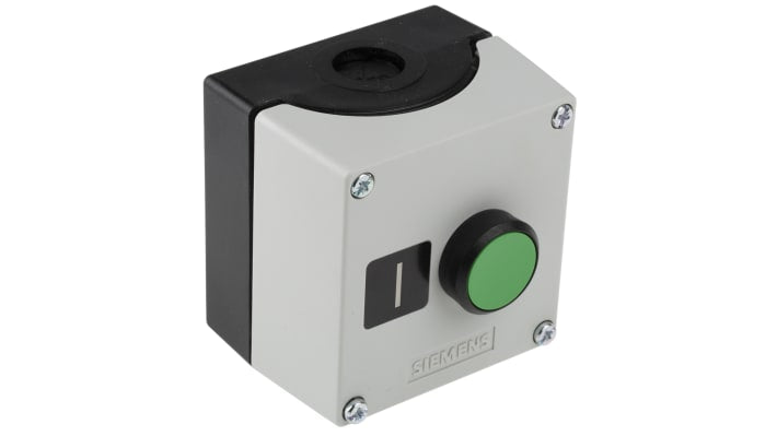Pulsante di controllo Siemens 3SU1801-0AB00-2AB1, IP66/IP67/IP69, corrente 10A, diametro foro 22mm, colore verde, dimensioni 85x71x85mm.