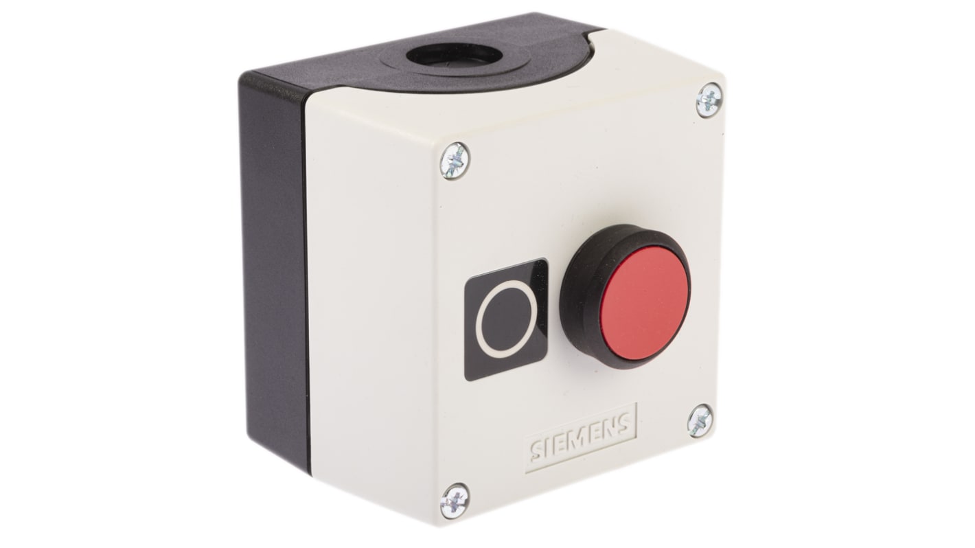 Scatola pulsante Siemens 3SU1801-0AC00-2AB1, grado di protezione IP66/IP67/IP69, pulsante rosso, dimensioni 85x75x85mm.