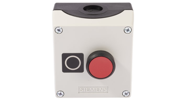 Scatola pulsante Siemens 3SU1801-0AC00-2AB1, grado di protezione IP66/IP67/IP69, pulsante rosso, dimensioni 85x75x85mm.
