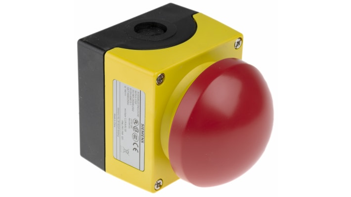 Pulsante di arresto di emergenza Siemens, montaggio a pannello, diametro 22 mm, grado di protezione IP66/IP67/IP69K, colore giallo.
