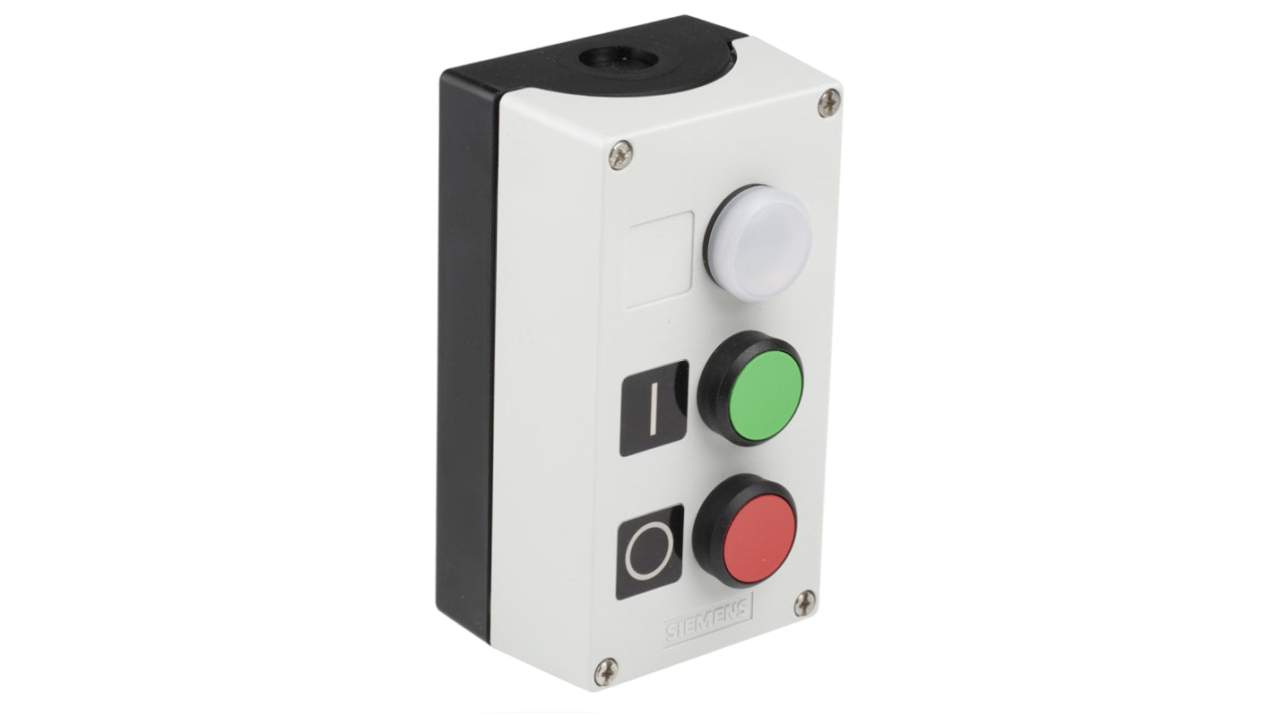 Scatola pulsante Siemens 3SU1803-0AB00-2AB1, grado di protezione IP66/IP67/IP69, dimensioni 85mm x 75.8mm x 154mm.