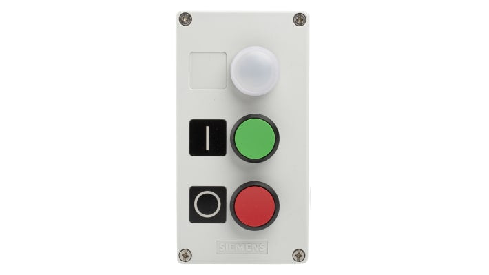 Scatola pulsante Siemens 3SU1803-0AB00-2AB1, grado di protezione IP66/IP67/IP69, dimensioni 85mm x 75.8mm x 154mm.