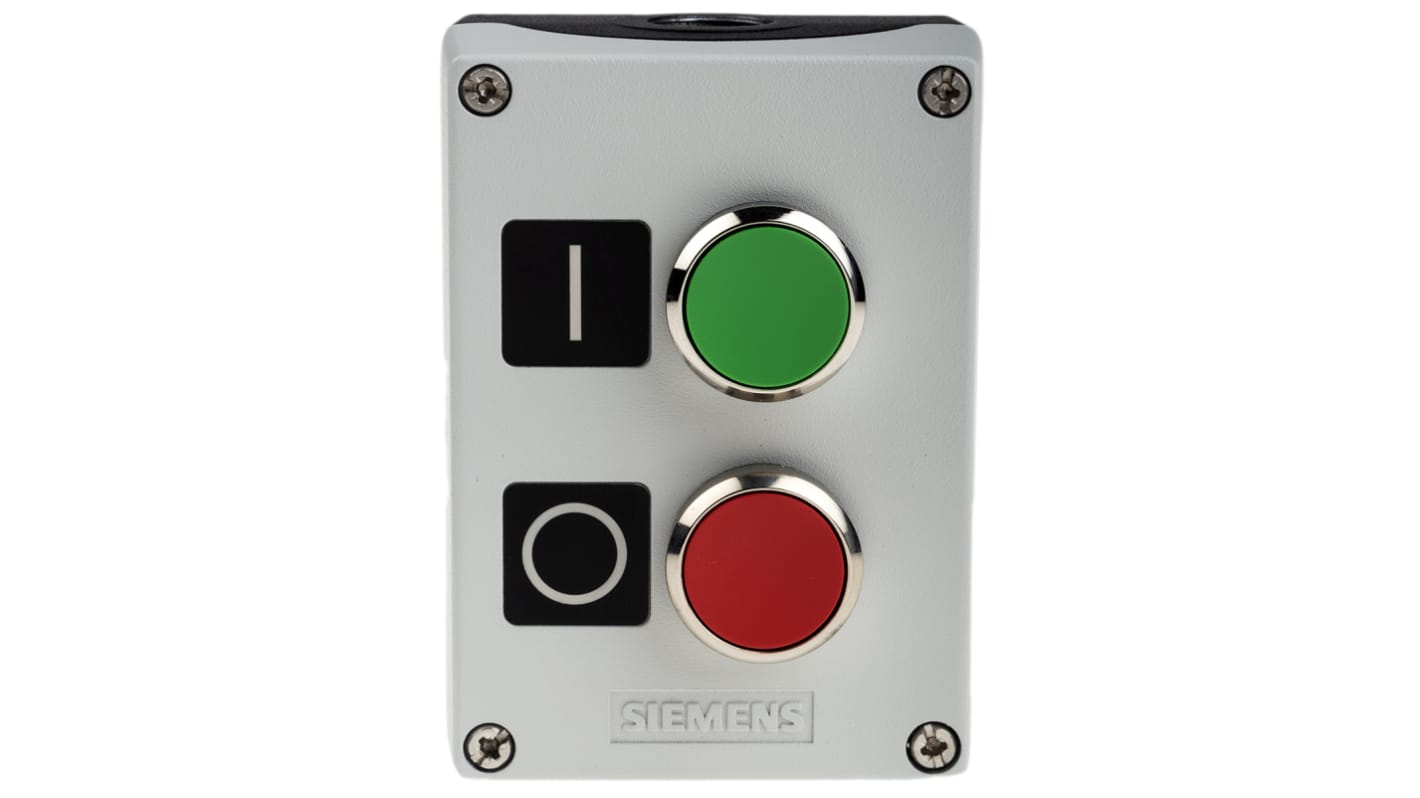 Scatola pulsante Siemens 3SU1852-0AB00-2AB1, contenitore grigio, IP66/IP67/IP69, pulsanti verde e rosso, dimensioni 85x75x118.4 mm.