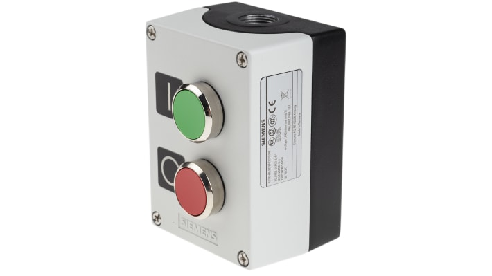 Scatola pulsante Siemens 3SU1852-0AB00-2AB1, contenitore grigio, IP66/IP67/IP69, pulsanti verde e rosso, dimensioni 85x75x118.4 mm.