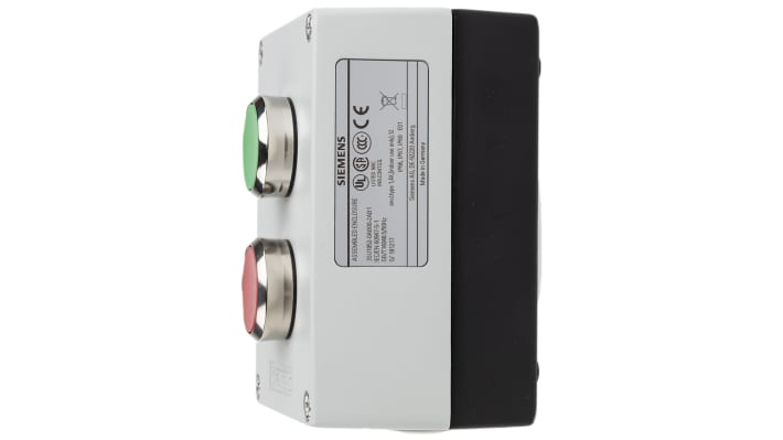 Scatola pulsante Siemens 3SU1852-0AB00-2AB1, contenitore grigio, IP66/IP67/IP69, pulsanti verde e rosso, dimensioni 85x75x118.4 mm.