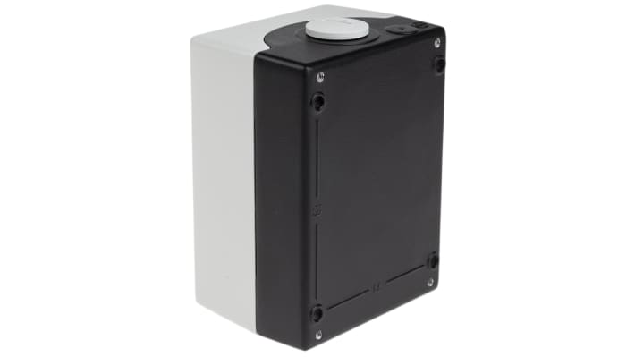 Scatola pulsante Siemens 3SU1852-0AB00-2AB1, contenitore grigio, IP66/IP67/IP69, pulsanti verde e rosso, dimensioni 85x75x118.4 mm.