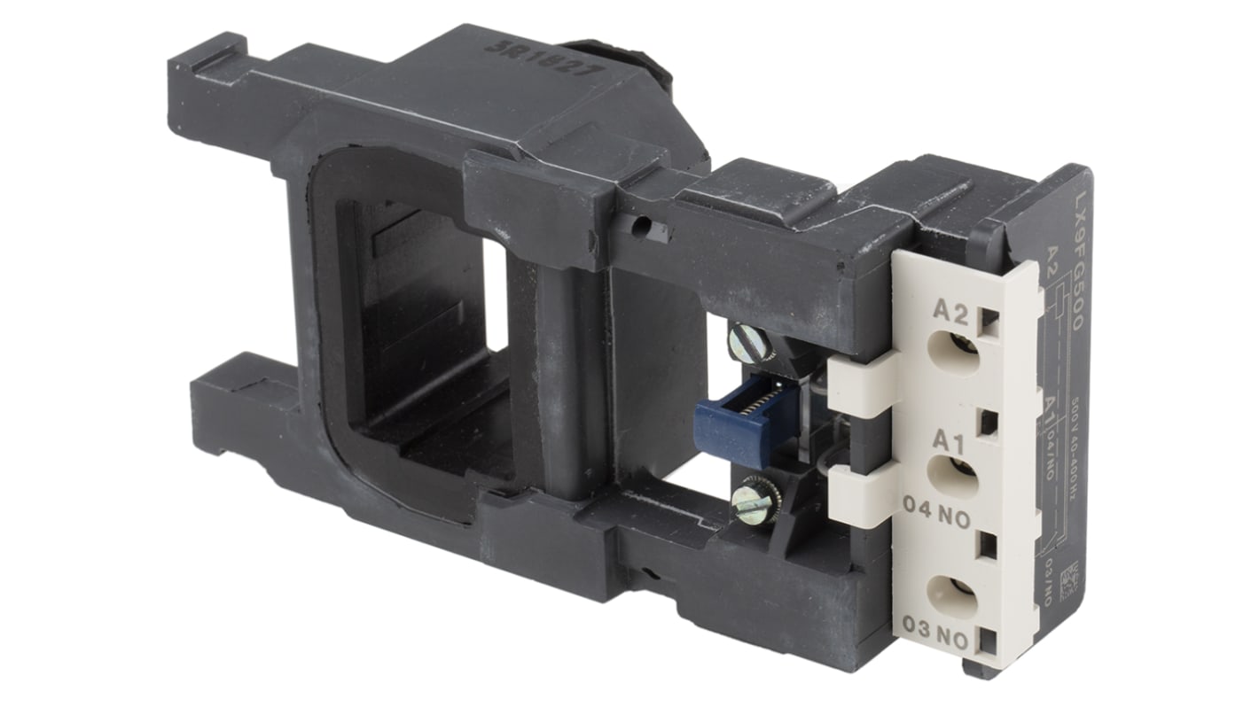 Bobina contattore Schneider Electric LX9FG500 per LC1F185 e LC1F225, tensione 500 V c.a., progettata per basso consumo energetico.