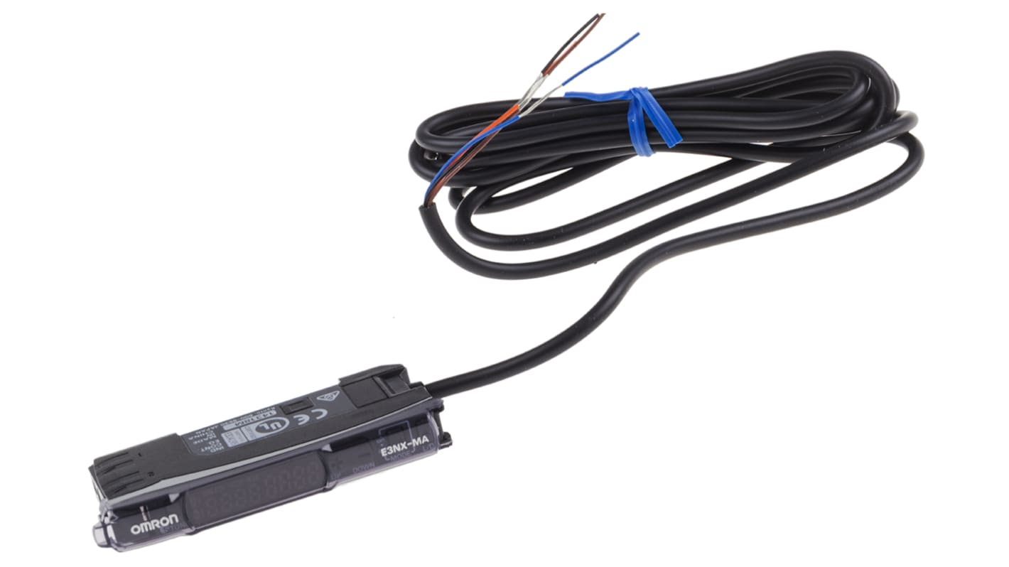 Omron E3NXMA412MOMS, amplificatore fibra PNP precablato, 2 canali, montaggio su guida DIN, dimensioni 104,5 x 10 x 33,5 mm.