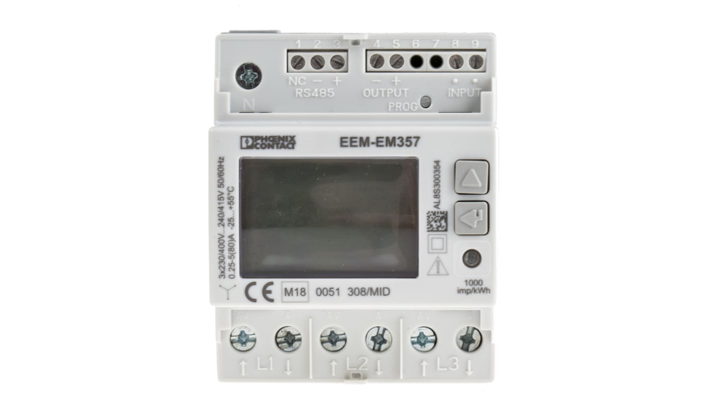 Contatore di energia trifase Phoenix Contact 2908588, modello EMpro, con display digitale e interfaccia RS-485.