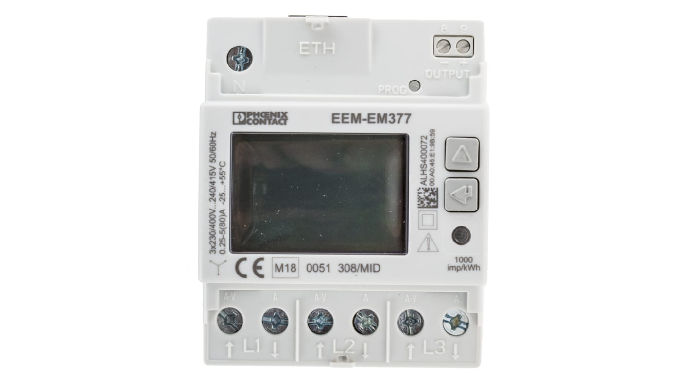 Phoenix Contact 2908590, contatore di energia trifase digitale con display 8 cifre, misurazione fino a 500V/80A, interfaccia Ethernet.
