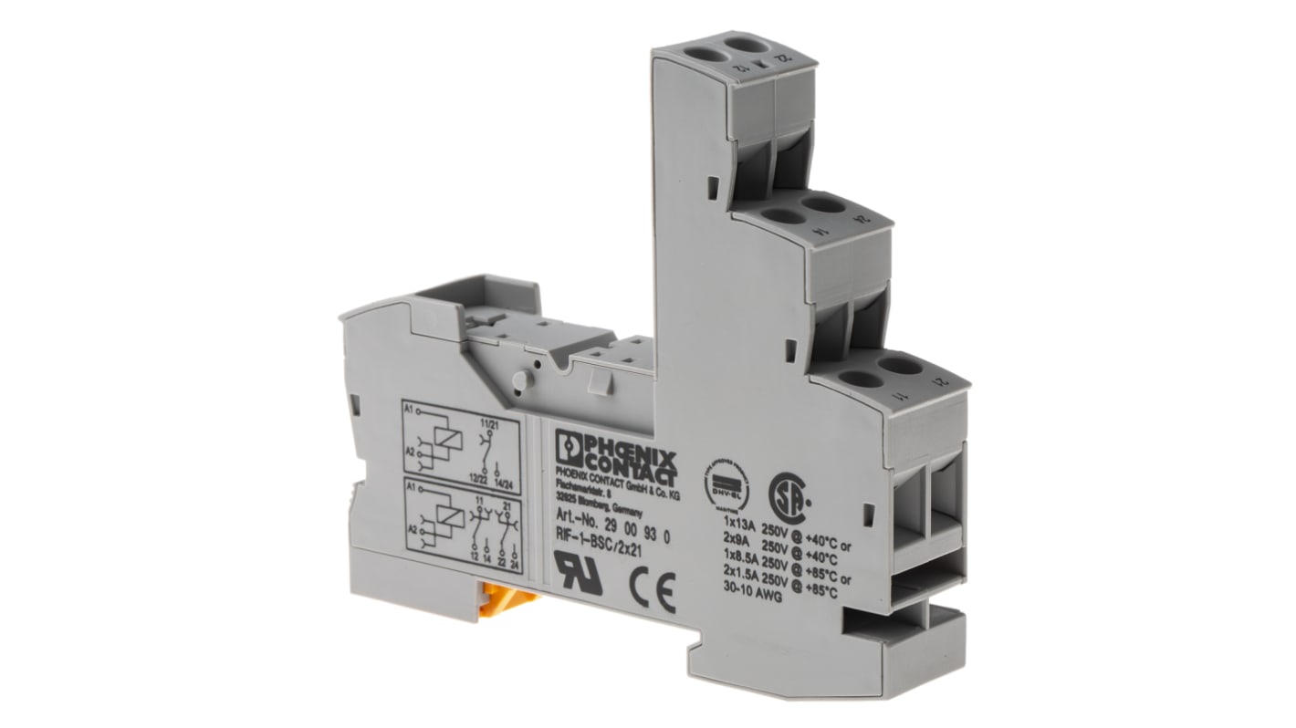 Connettore femmina per relè Phoenix Contact 2900930 - RIF-1-BSC/2X21, sezione conduttore 0,5-4 mm2, corrente 15,5 A. Adatto a relè meccanici e a stato solido, resistente ai gas corrosivi.