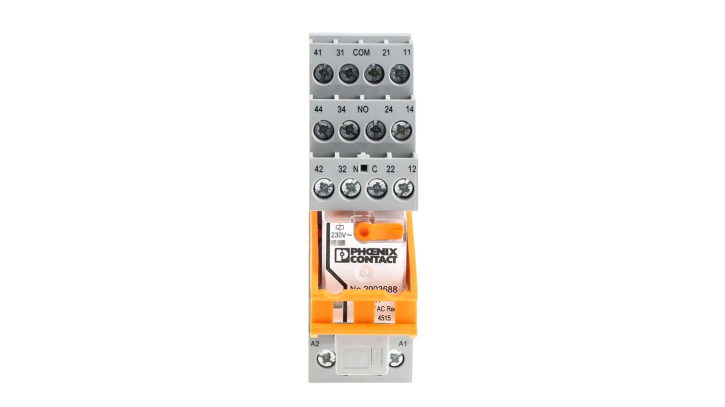 Relè di interfaccia Phoenix Contact 2903316 RIF-2-RSC-LV-230AC/4X21 per segnali EMI, 230V ca, 4PDT, compatibile con guida DIN standard.