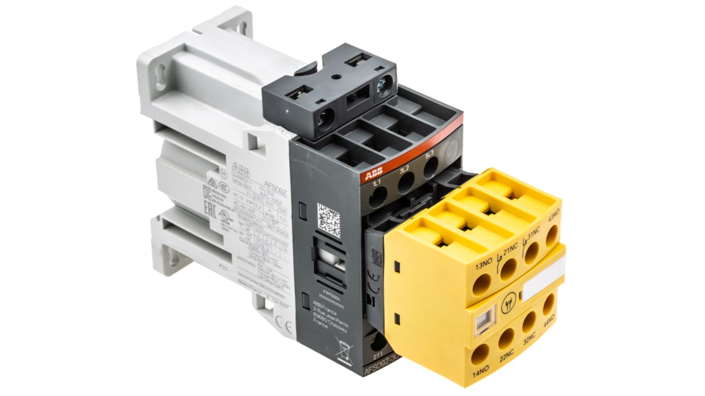 Contattore ABB Jokab 1SBL136082R3022 AFS 3 poli, 3 NO, 25 A, bobina 24 V c.c., dimensioni 45x80x110,5 mm.