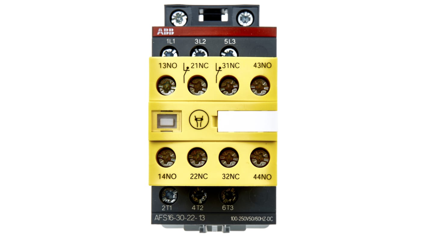 Contattore ABB Jokab 1SBL157082R1322 AFS12-30-22-13, 3 poli, 3 NO, 28 A, 600 V c.a., dimensioni 45x110.5x80 mm, alloggiamento giallo.