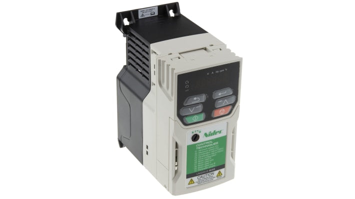 Inverter monofase Control Techniques M200-01200042, potenza 0,75 W, montaggio a pannello, dimensioni 75x130x160 mm.