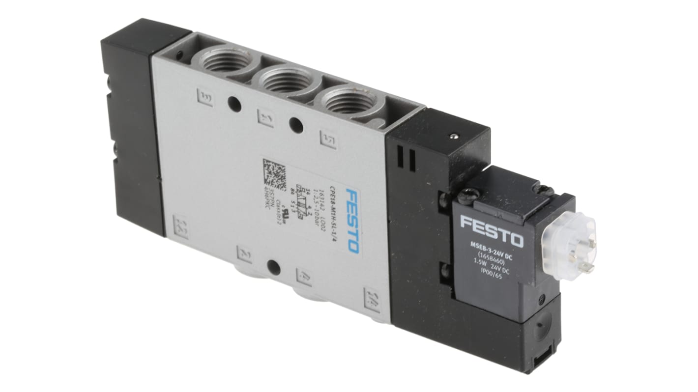 Valvola pilota solenoide Festo CPE18-M1H-5L-1/4, G 1/4, funzione 5/2, 24V cc, portata 1500 l/min, montaggio a foro passante.