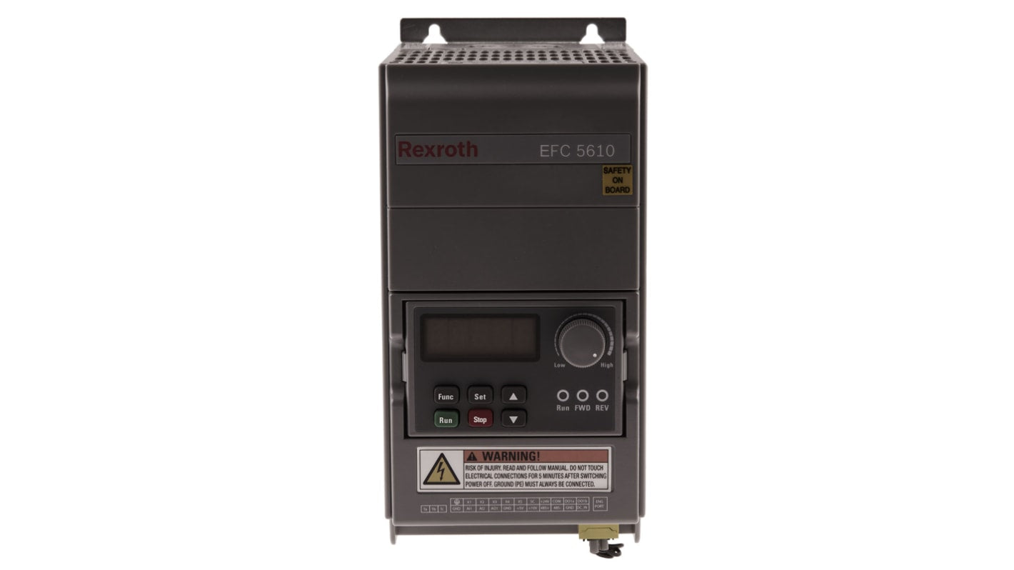 Inverter Bosch Rexroth EFC5610-1K50-3P4-MDA-7P-NNNNN-L1NN, trifase, 1,5 kW, montaggio su guida DIN, dimensioni 170x95x206 mm.