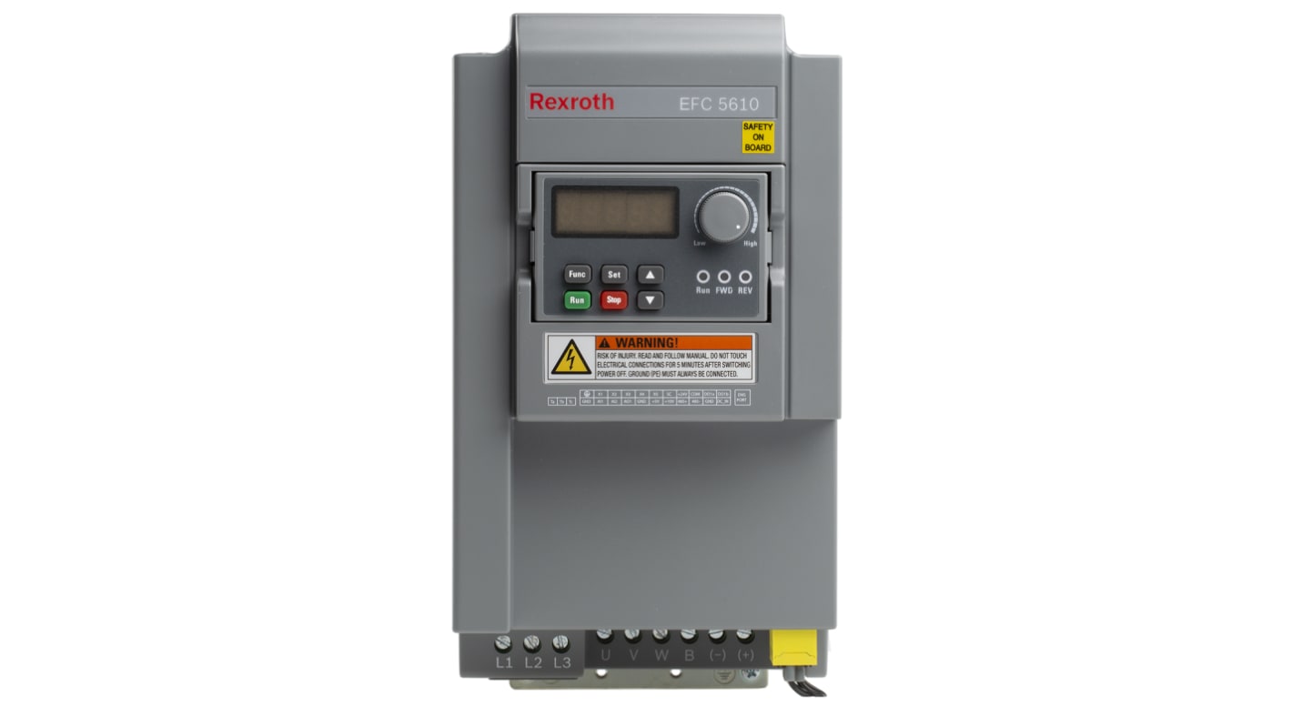 Inverter Bosch Rexroth EFC5610-5K50-3P4-MDA-7P-NNNNN-L1NN, trifase, 5,5 kW, montaggio su guida DIN, dimensioni 243x233x130 mm.
