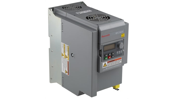 Inverter Bosch Rexroth EFC5610-5K50-3P4-MDA-7P-NNNNN-L1NN, trifase, 5,5 kW, montaggio su guida DIN, dimensioni 243x233x130 mm.