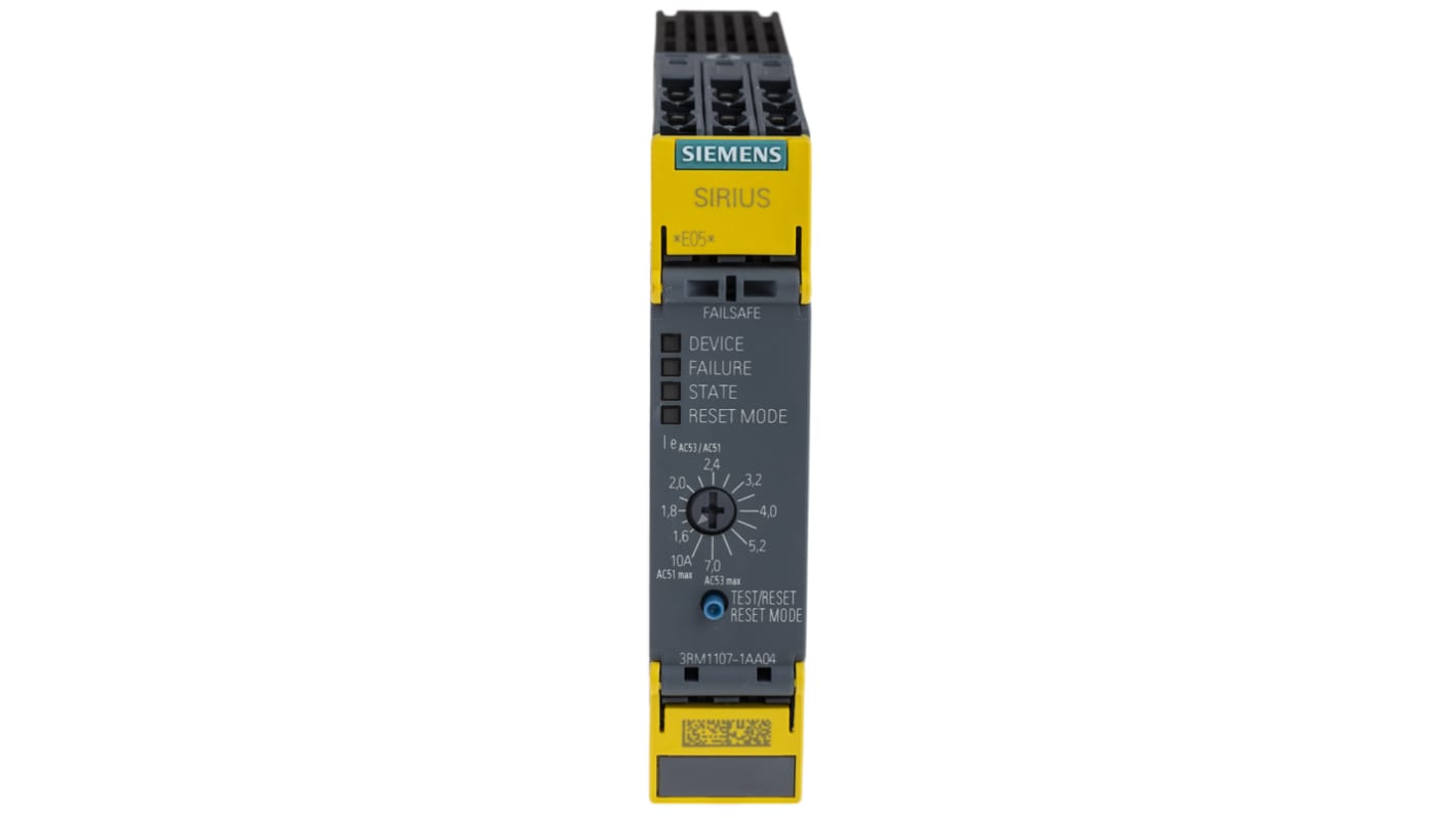 Starter Siemens 3RM1107-1AA04, 3 fasi, potenza 3 kW, corrente 7 A, montaggio a innesto, dimensioni 22,5 x 100 x 141,6 mm.