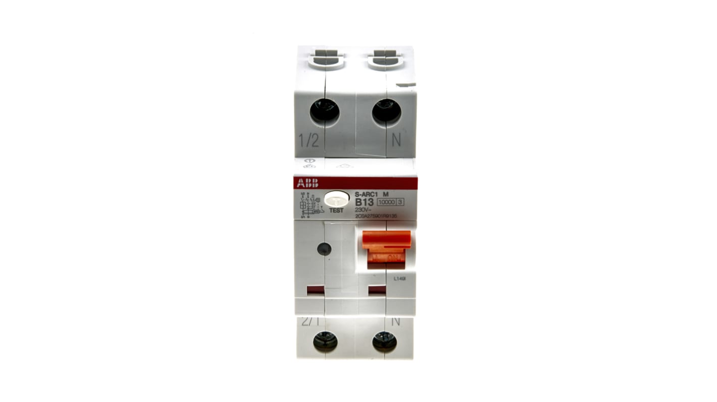 Interruttore magnetotermico ABB Tipo B, 1P+N, 13A, 10 kA, montaggio su guida DIN, dimensioni 35mm x 85mm x 69mm.