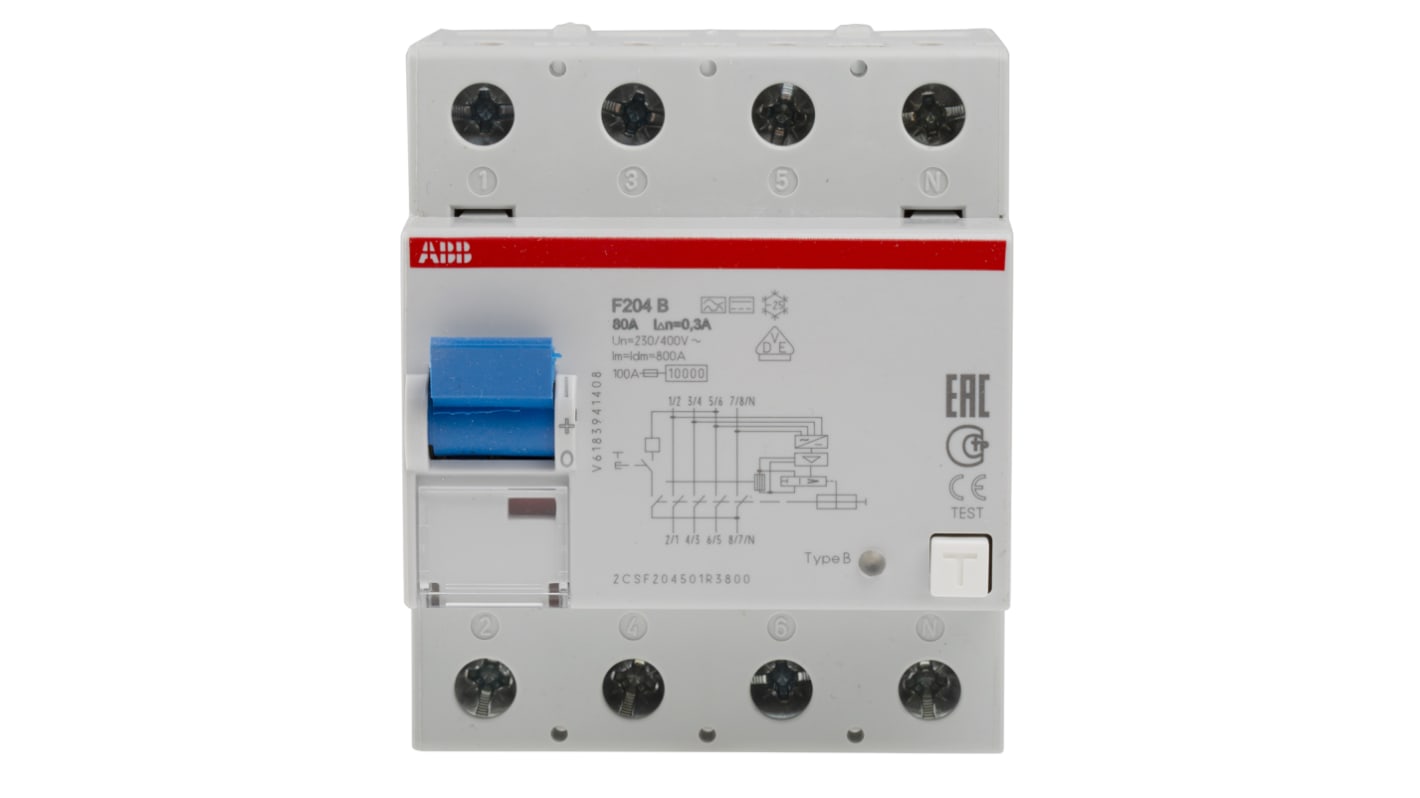Interruttore differenziale ABB F204B-80/0.3, 4 poli, 80A, montaggio su guida DIN, dimensioni 70 x 69 x 85mm.