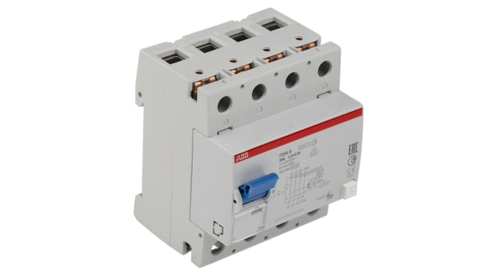 Interruttore differenziale ABB F204B-80/0.3, 4 poli, 80A, montaggio su guida DIN, dimensioni 70 x 69 x 85mm.