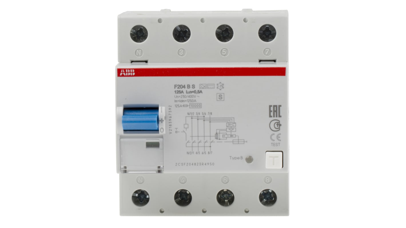 Interruttore differenziale ABB F204BS-125/0.5, 4 poli, 125A, montaggio su guida DIN, dimensioni 70 x 69 x 85mm, LED verde per monitoraggio.