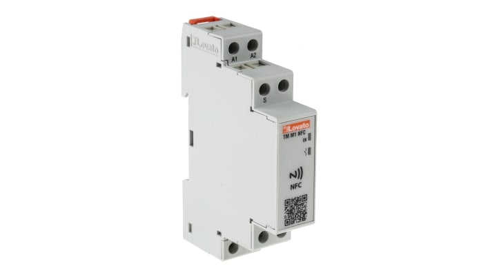 Lovato TMM1NFC, relè temporizzatore multifunzione 2 poli SPDT, montaggio su guida DIN, dimensioni 64.9 x 17.5 x 90 mm.