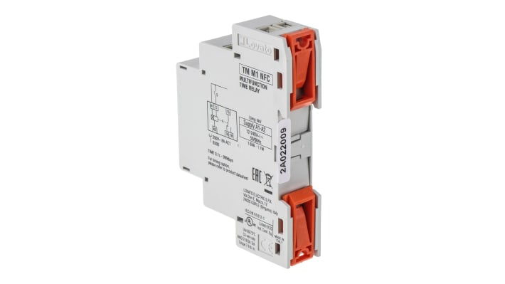 Lovato TMM1NFC, relè temporizzatore multifunzione 2 poli SPDT, montaggio su guida DIN, dimensioni 64.9 x 17.5 x 90 mm.