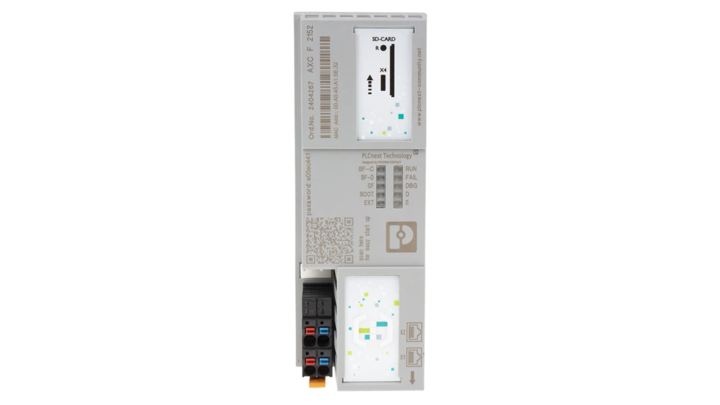 Controller logico Phoenix Contact PLCnext AXC F 2152 (cod. 2404267) per I/O Axioline F. Con 2 interfacce Ethernet, programmazione in C++, resistente a temperature da -25°C a 60°C.