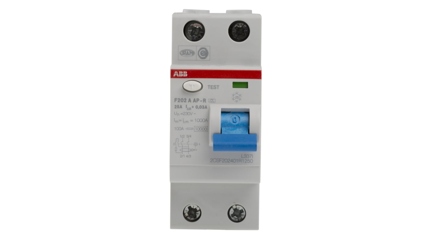 Interruttore differenziale ABB Tipo A, 2 poli, 25A, 30mA, montaggio su guida DIN, tensione 230/400V, LED indicatore.