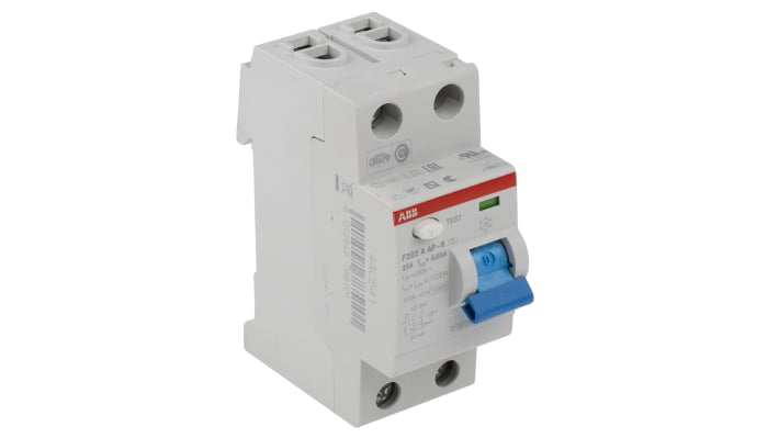 Interruttore differenziale ABB Tipo A, 2 poli, 25A, 30mA, montaggio su guida DIN, tensione 230/400V, LED indicatore.
