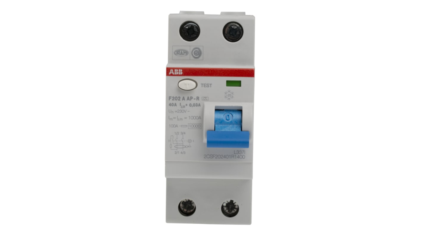 Interruttore differenziale ABB Tipo A, 2 poli, 40A, 30mA, montaggio su guida DIN, dimensioni 35 x 85 x 69 mm.