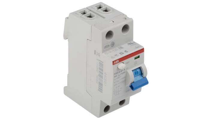 Interruttore differenziale ABB Tipo A, 2 poli, 40A, 30mA, montaggio su guida DIN, dimensioni 35 x 85 x 69 mm.