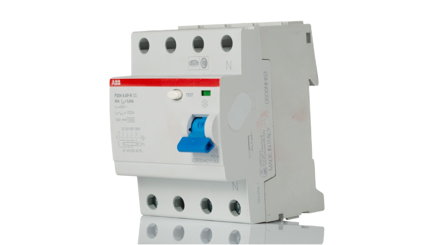 Interruttore differenziale ABB 4 poli, 80A, 30mA, montaggio su guida DIN, dimensioni 70 x 85 x 69 mm, con pulsante di test.