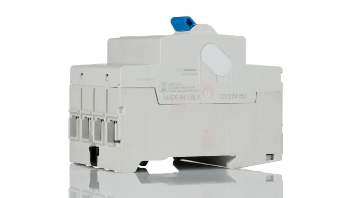 Interruttore differenziale ABB 4 poli, 80A, 30mA, montaggio su guida DIN, dimensioni 70 x 85 x 69 mm, con pulsante di test.