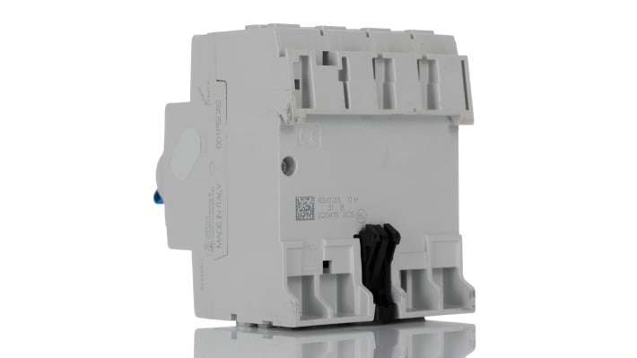 Interruttore differenziale ABB 4 poli, 63A, 30mA, 110V, montaggio su guida DIN, dimensioni 69 x 70 x 85 mm.