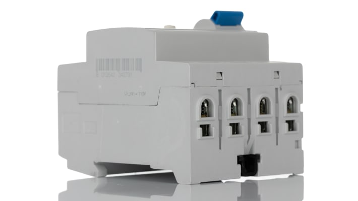 Interruttore differenziale ABB 4 poli, 63A, 30mA, 110V, montaggio su guida DIN, dimensioni 69 x 70 x 85 mm.