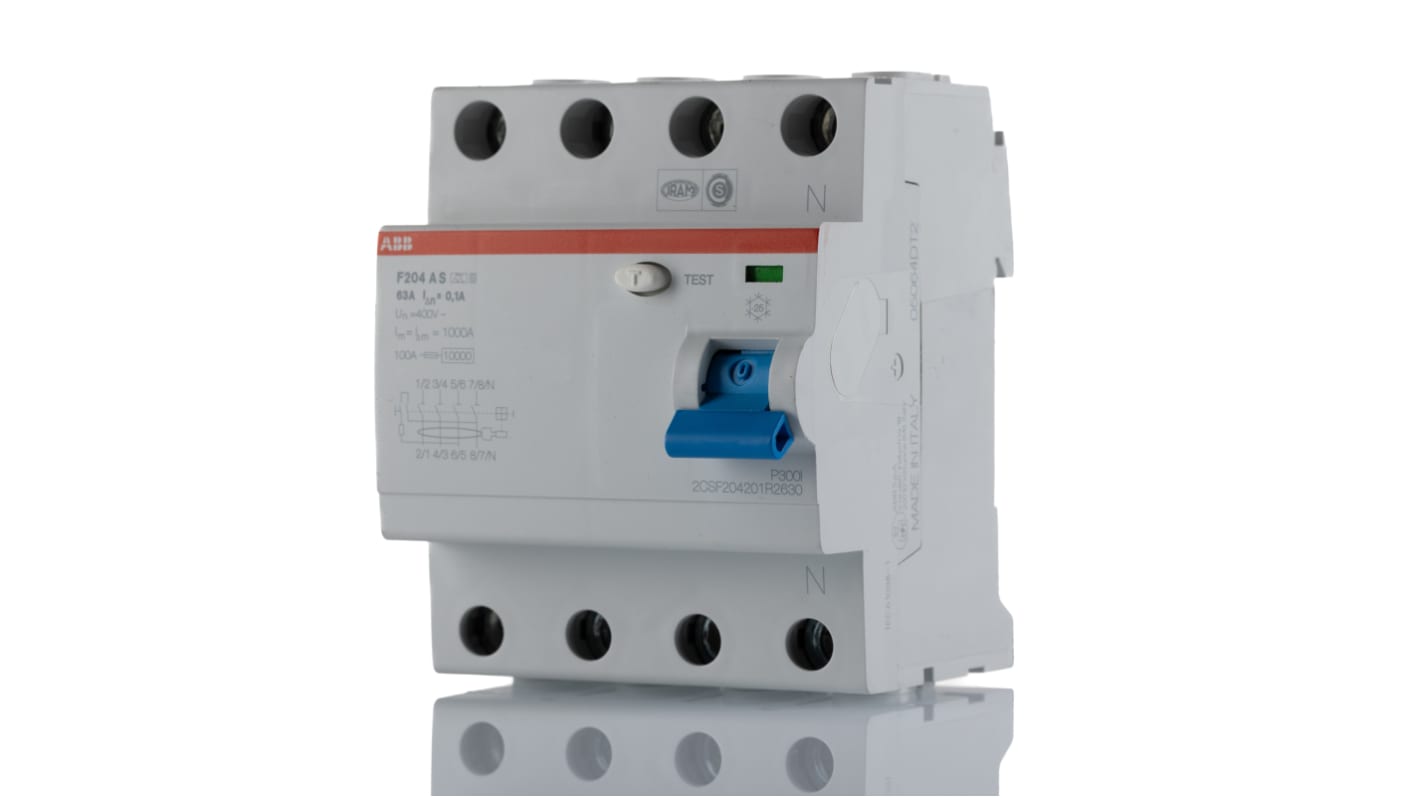 Interruttore differenziale ABB F204 A S-63/0,1, 4 poli, 63A, 100mA, montaggio su guida DIN, dimensioni 70x85x69mm.