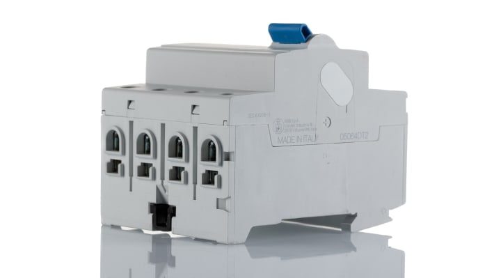 Interruttore differenziale ABB F204 A S-63/0,1, 4 poli, 63A, 100mA, montaggio su guida DIN, dimensioni 70x85x69mm.