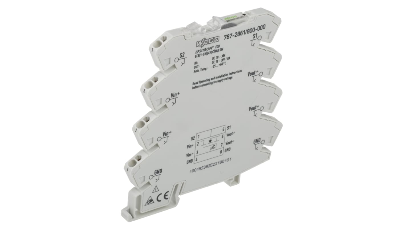 Interruttore elettronico Wago 787-2861/800-000, 1 canale, montaggio su guida DIN, 8A, 30V, dimensioni 94mm x 6mm x 97.8mm.