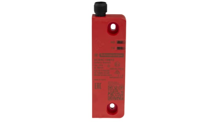 Interruttore di sicurezza RFID Telemecanique Sensors XCSRC10M12, 24V cc, 2 contatti NO, con connettore M12, grado di protezione IP65-69K. Dimensioni 45mm x 30mm x 108.3mm.