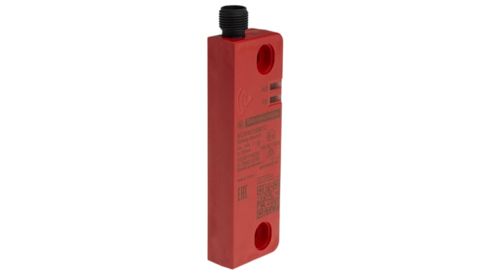 Interruttore di sicurezza RFID Telemecanique Sensors XCSRC10M12, 24V cc, 2 contatti NO, con connettore M12, grado di protezione IP65-69K. Dimensioni 45mm x 30mm x 108.3mm.