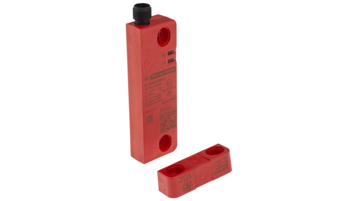 Interruttore di sicurezza RFID Telemecanique Sensors XCSRC30M12, 24V cc, 2 contatti NO, con connettore M12, grado di protezione IP65-69K. Dimensioni 45mm x 15mm x 108.3mm.