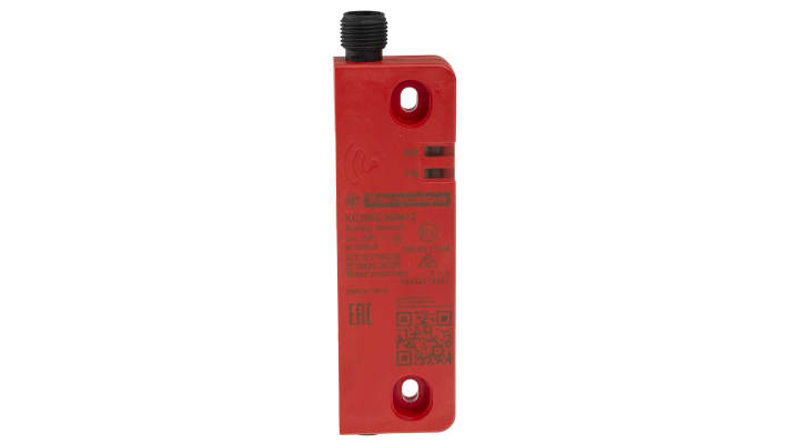 Interruttore di sicurezza RFID Telemecanique Sensors XCSRC30M12, 24V cc, 2 contatti NO, con connettore M12, grado di protezione IP65-69K. Dimensioni 45mm x 15mm x 108.3mm.